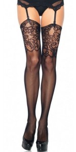 Black Fishnet Stockings with Lace Jacquard Top