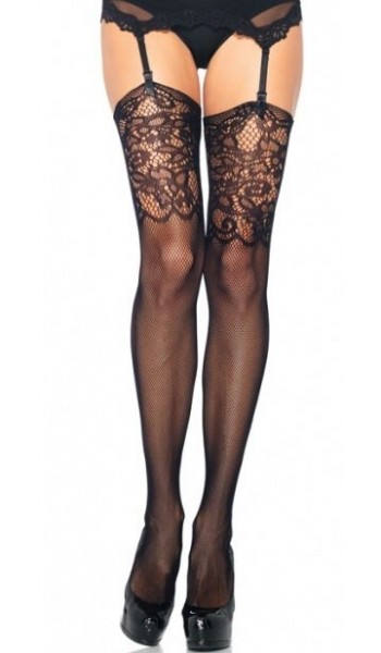 Black Fishnet Stockings with Lace Jacquard Top