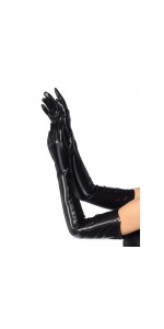 Black Wet Look Lycra Zipper Opera Gloves