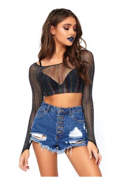 Rainbow Glitter Long Sleeve Mesh Crop Top