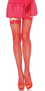 Fishnet Garter Stockings with Lace Top - Red