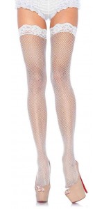 Fishnet Garter Stockings with Lace Top - White