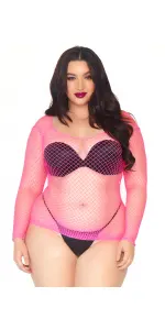 Neon Pink Fishnet Long Sleeve Plus Size Shirt