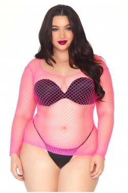 Neon Pink Fishnet Long Sleeve Plus Size Shirt