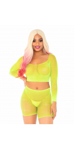 Bling Queen Neon Yellow Fishnet Crop Top Set