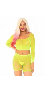 Bling Queen Neon Yellow Fishnet Crop Top Set