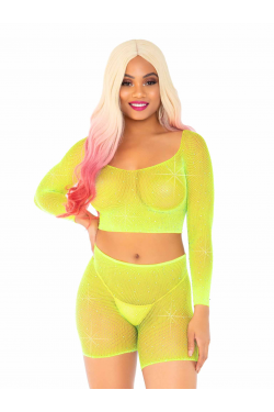 Bling Queen Neon Yellow Fishnet Crop Top Set