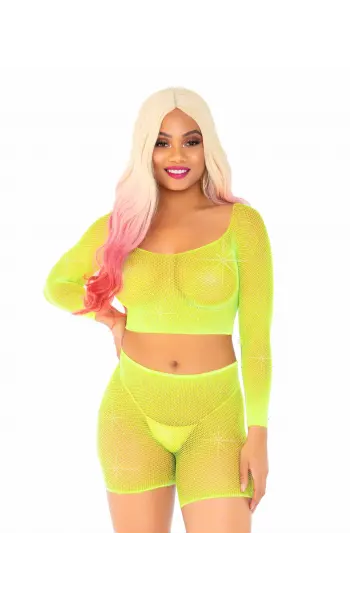 Bling Queen Neon Yellow Fishnet Crop Top Set