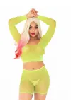 Bling Queen Neon Yellow Fishnet Crop Top Set