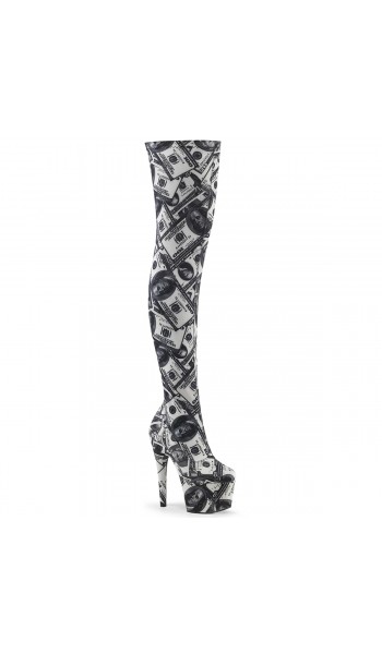 Adore Money Print Thigh High Platform Boots