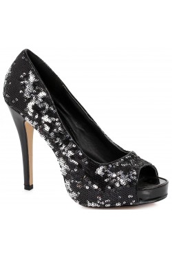 Black Flamingo Sequin Peep Toe Pumps