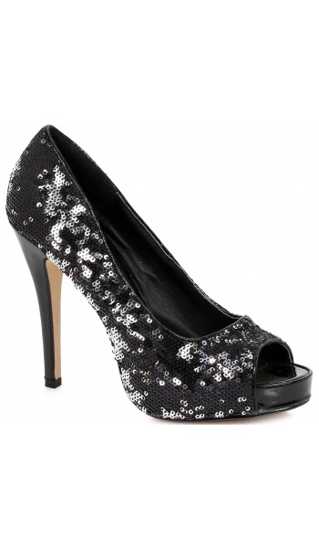 Black Flamingo Sequin Peep Toe Pumps