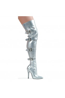 Buckle Up Silver Thigh High 5 Inch Heel Boot