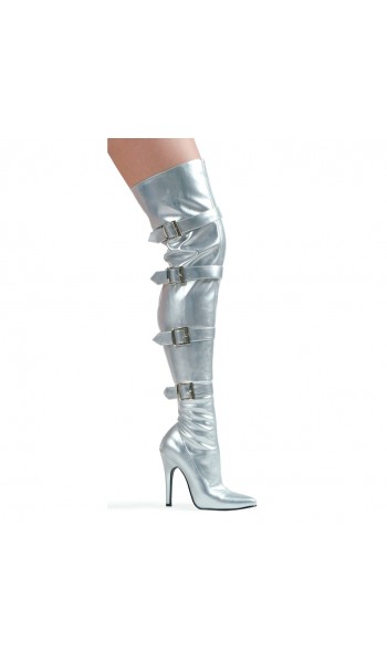 Buckle Up Silver Thigh High 5 Inch Heel Boot