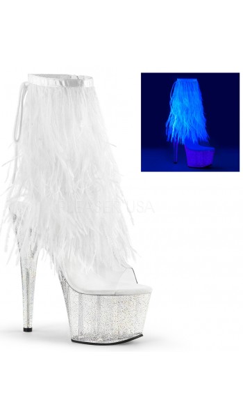 Neon White Marabou Trimmed Platform Ankle Boots