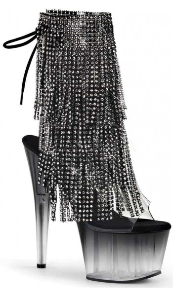 Black Rhinestone Fringe 7 Inch Heel Ankle Boots