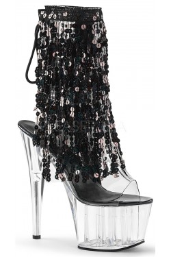 Black Sequin Fringe 7 Inch Heel Ankle Boots
