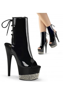 Rhinestone Accented Black Patent Platform Ankle Boots