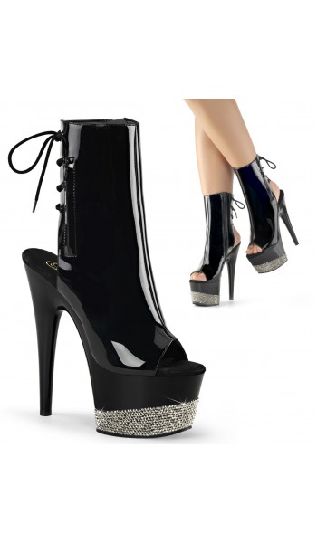 Rhinestone Accented Black Patent Platform Ankle Boots