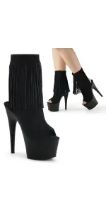 Fringed Black Suede Peep Toe and Heel Platform Ankle Boots