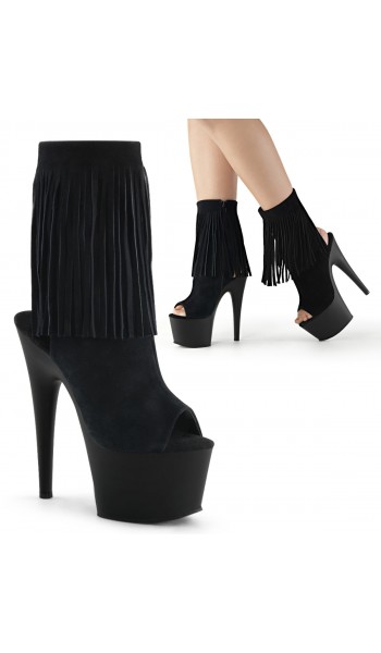 Fringed Black Suede Peep Toe and Heel Platform Ankle Boots