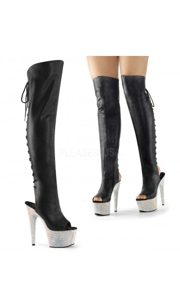 Bejeweled Black Peep Toe and Heel Thigh High Platform Boots