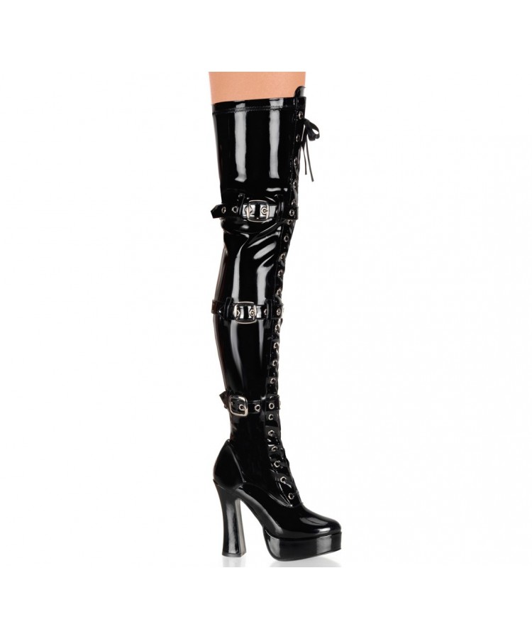 Gothic Thigh High Black Patent Boots with Buckles - Sexy Womens Boots