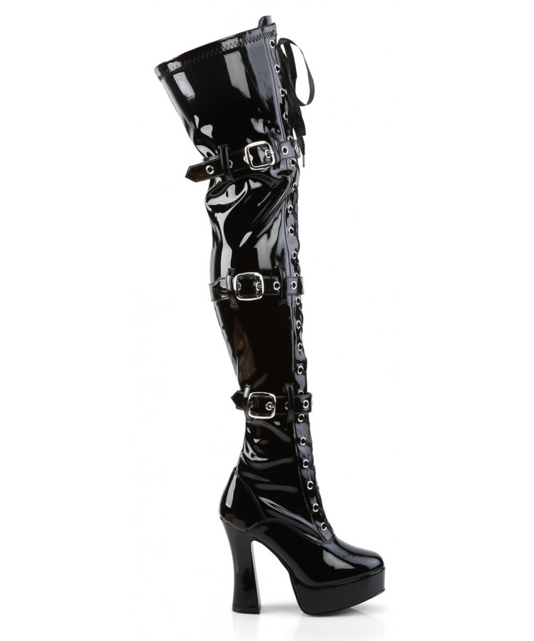 Gothic Thigh High Black Patent Boots with Buckles - Sexy Womens Boots