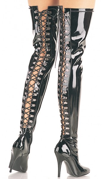 Seduce Back Lacing Black Patent Thigh High Boots